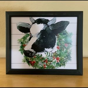 Farmhouse Christmas cow & wreath picture 8x10 w/frame